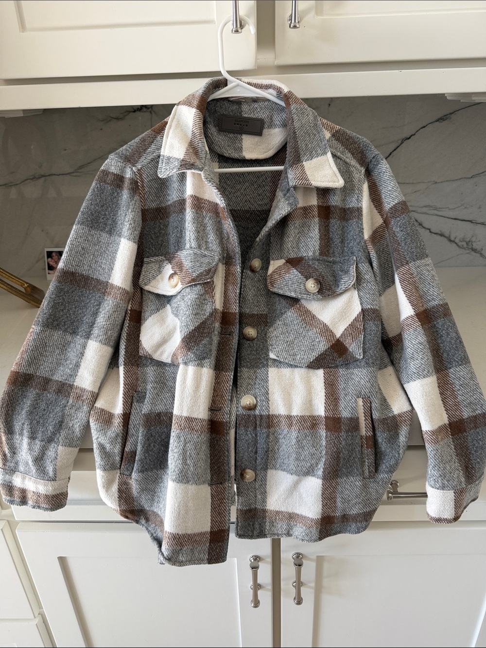 Blank NYC Plaid Shacket Jacket - Gray, White & Brown